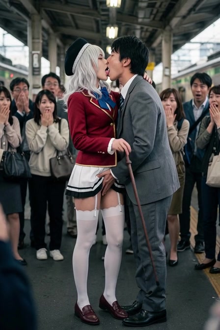 電車のホームでキス