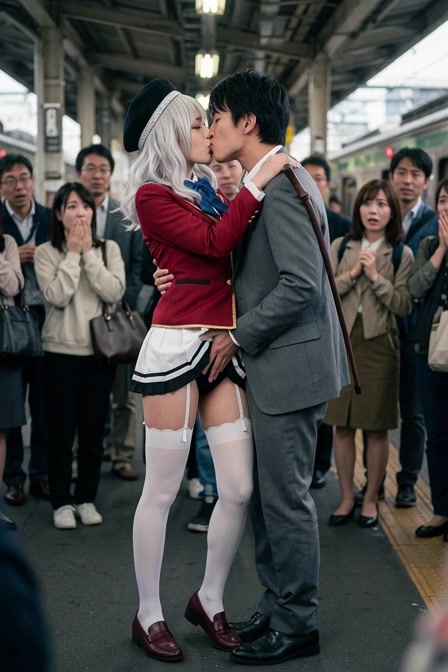電車のホームでキス